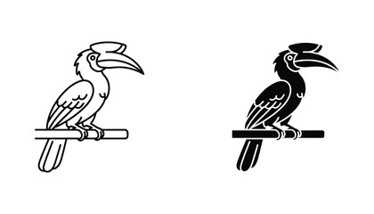 Vector illustration of a hornbill bird perched on a branch in outline and solid black styles © Emma