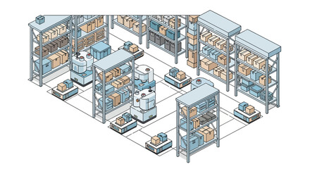Obraz premium Isometric warehouse with automated storage and robot technology