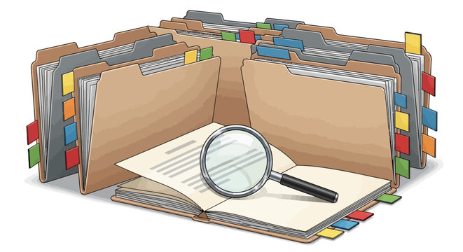 Magnifying glass on open file with organized folders and tabs for data management