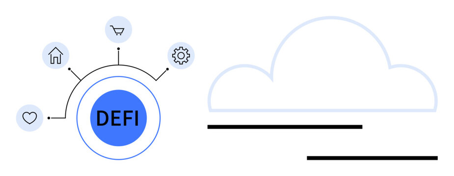 Blockchain technology, decentralized apps, financial networks, cloud computing, digital innovation, fintech evolution. Circular DEFI icon with connected symbols, abstract cloud. Blockchain technology