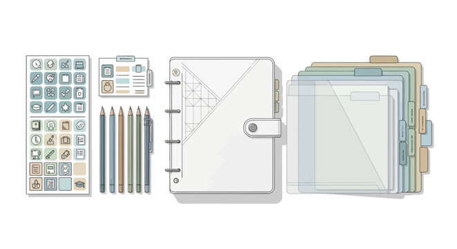 Organized planner layout with stationery and icons in soft pastel colors