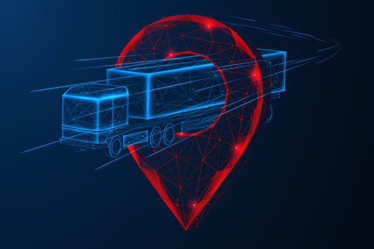 Intelligent delivery tracking system. A truck moving through a digital geolocation tag. The concept of real-time cargo tracking and intelligent transportation systems.