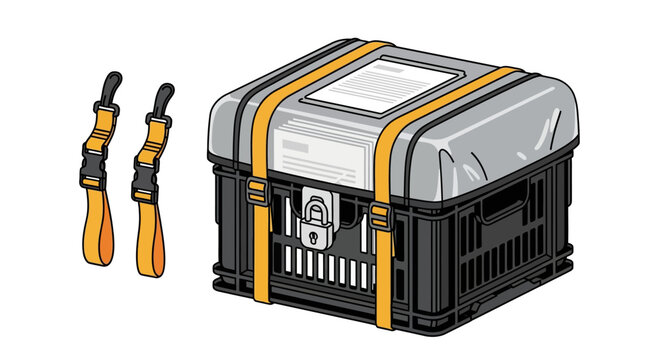 Secure cargo container with straps in isometric style for shipping and storage