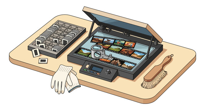 Vintage photography film scanning workspace with slides and magnifier