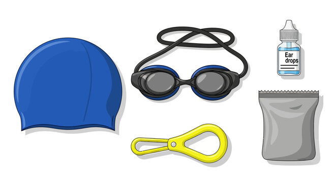 Essential swimming gear: cap, goggles, ear drops, nose clip, and towel