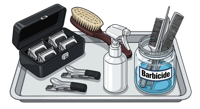 Essential tools for barbering: clippers, comb, spray bottle, and more
