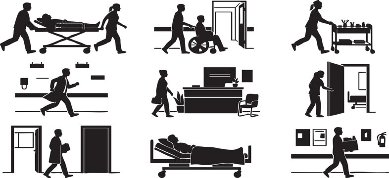 Hospital Patient and Staff Activity Silhouette Vector Icon Set;Emergency, Transport & Reception Silhouette Vector Icon