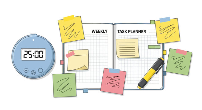 Flat style weekly task planner with timer and sticky notes