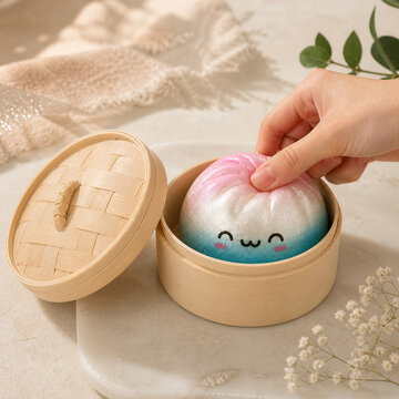 hand picking up cute kawaii glitter dumpling toy with smiley face in bamboo steamer on marble surface with flowers and greenery