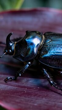 Vertical video: Crawling black rhino beetle moving on red leaf, flashing horn and elytra