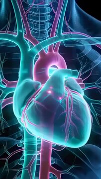 Vertical video: Pulling camera back cyan heart pulsing revealing aorta and showing nodes in thorax