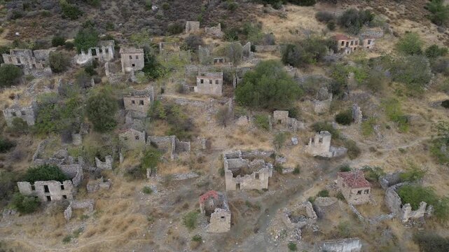 Aerial View of Abandoned Village with Ruined Houses in Izmir Turkiye