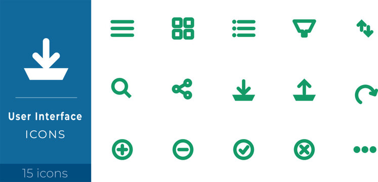 15 Green Bold User Interface (UI) Essential Icon Set