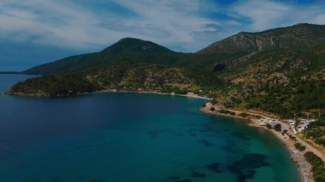 Aerial view of the idyllic Kargi Bay with turquoise waters and lush mountains in Datca, Turkey