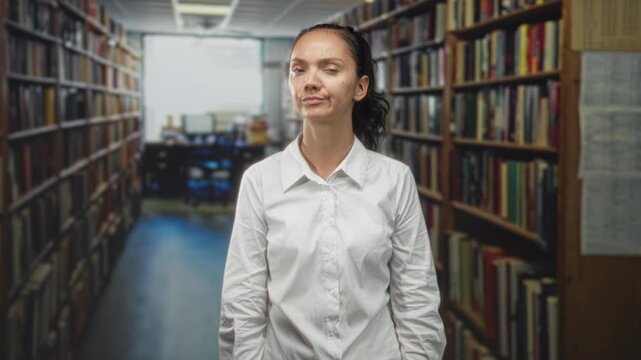 Woman with visible face tilting head and slight smirk standing between tall bookshelves in building, wearing white shirt and relaxed posture; doubt.