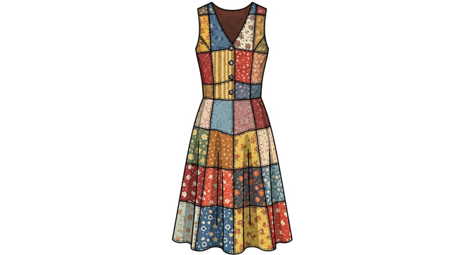 Patchwork dress with colorful patterns in vintage style