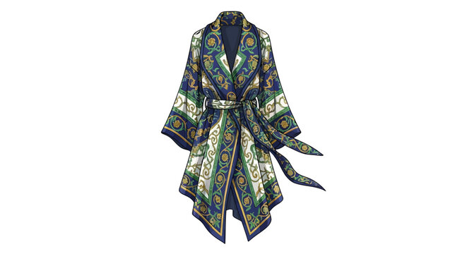 Elegant floral patterned kimono with ornate belt on white background