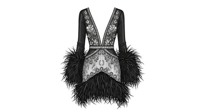 Elegant black feathered dress with intricate lace detailing and floral patterns