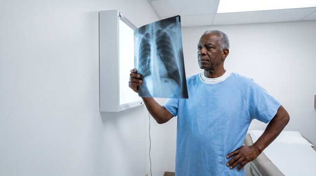 Elderly man holding x ray in medical examination room