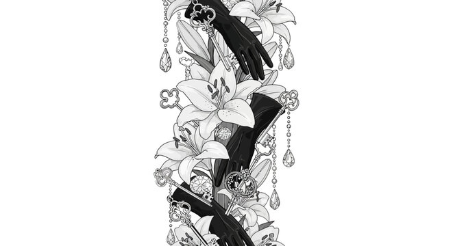 Gothic floral design with lilies and chains in monochrome aesthetic