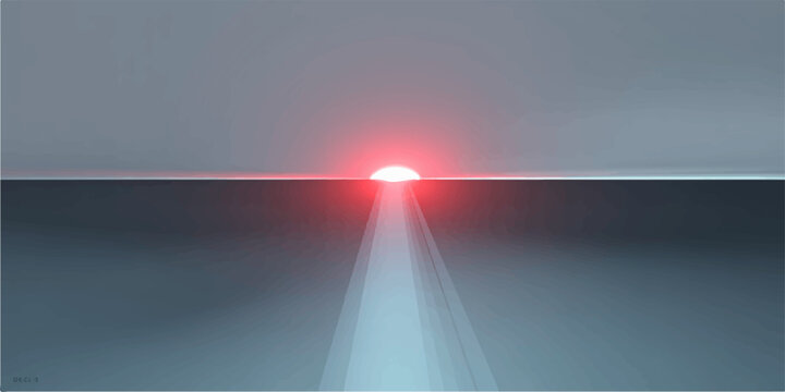 A minimalist depiction of a radiant sunset, featuring a glowing red orb of the sun on the horizon, casting a beam of light. 