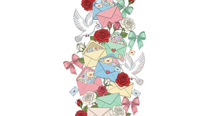 Romantic doves with roses, envelopes, and hearts in pastel watercolor style © Santafe