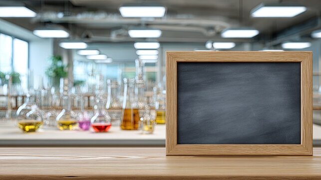 Blank blackboard in a laboratory setting with beakers and equipment in background