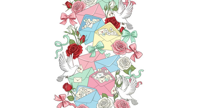 Colorful envelopes and doves with roses and ribbons in romantic pattern
