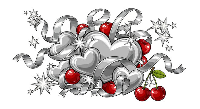 Shiny silver hearts and ribbons with red cherries and stars