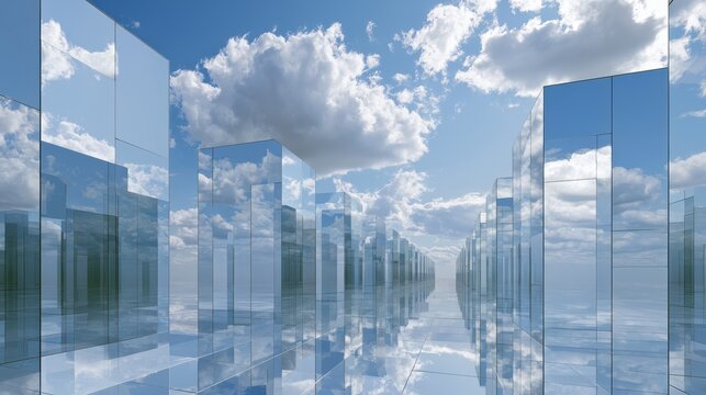 A labyrinth made of giant mirrors reflecting an endless blue sky, psychological concept, bright and airy