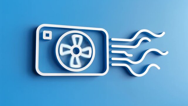 Modern Air Conditioner Fan Icon with Airflow on Blue Background.