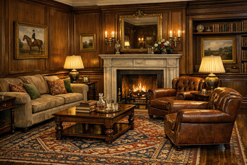 Naklejka premium A warm and inviting living room with a fireplace, leather chairs, plush sofas, and elegant decorations.