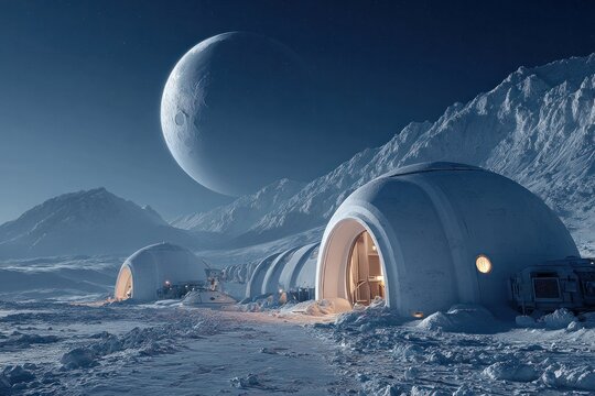 Futuristic dome settlement on a snowy alien world