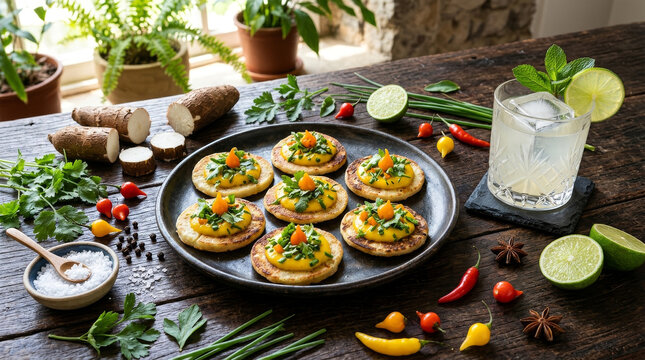 Canap&eacute;s de Mandioca Grelhada com Creme Amarelo Vibrante e Toques Frescos de Coentro e Pimenta, Acompanhados de Drinque Refrescante e Ingredientes R&uacute;sticos em Mesa de Madeira - Blinis de mandioca