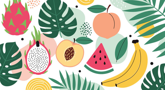 Colorful seamless pattern featuring tropical fruits like dragon fruit, peach, banana, and watermelon with green monstera and palm leaves.