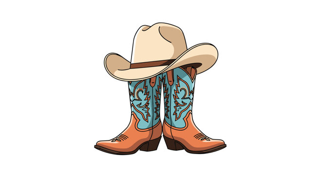 Classic set of colorful cowboy boots and a stylish tan felt hat positioned on a clean white background for western fashion and culture design.