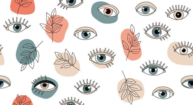 Artistic seamless pattern showing various eye illustrations with botanical leaves and abstract colorful shapes for a creative design.