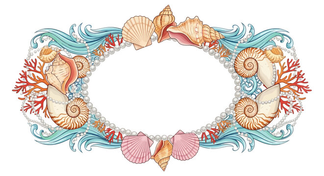 Oceanic seashell frame with coral and pearls: decorative marine design