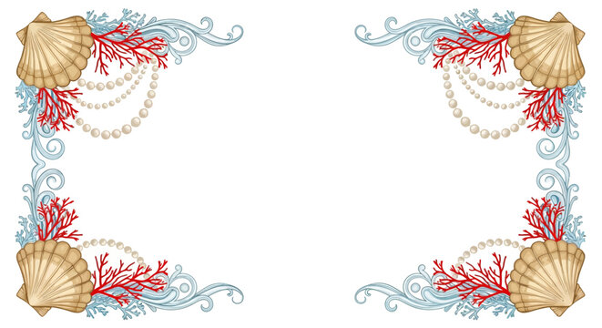 Elegant seashell and coral frame with pearls on white background