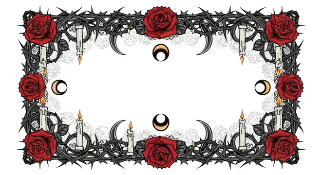 Elegant gothic frame with roses, thorns, and candles for decorative design