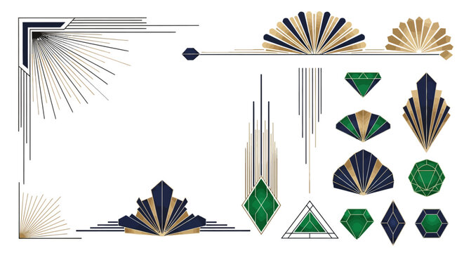 Art deco geometric borders and elements with gold and green accents