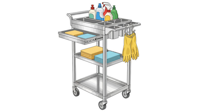 Cleaning trolley with supplies and equipment on wheels for efficient daytime service