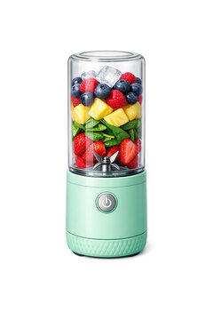 A blender filled with assorted fruits such as strawberries and blueberries, ready for a healthy smoothie mix.