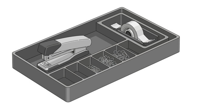 Organized desk supplies tray with stapler, tape, and clips in isometric grey design