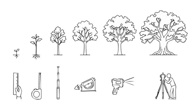 Tree Growth Stages and Forestry Measurement Tools Icon Set for Land Surveying and Environmental Planning - Linear Vector Collection of Plant Development Steps with Precision Engineering Equipment Inst