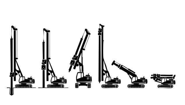 Piling Rig Machine Vector Set, Hydraulic Foundation Drill Icons for Construction Site Engineering Projects, Heavy Industrial Equipment Silhouette Illustration Collection on Isolated White Background