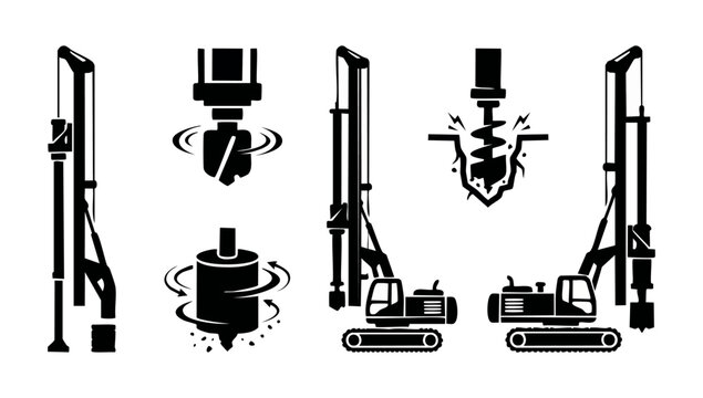 Piling rig construction machine icon set, industrial drilling equipment symbols, heavy machinery vectors for foundation engineering, earth boring tools and hydraulic pile driver silhouettes on white b