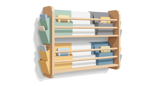 Modern wooden wall bookshelf with colorful pocket organizers