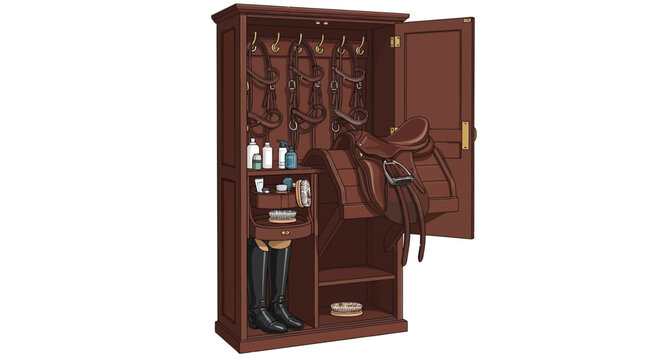 Wooden tack locker with open door showcasing horse riding equipment