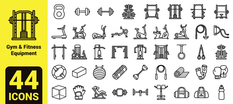 Gym and fitness equipment line icon set with treadmill dumbbell barbell kettlebell rowing machine cable crossover yoga mat boxing gloves and strength training gear vector